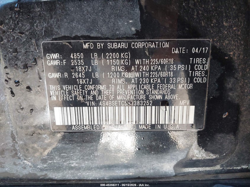 2017 Subaru Outback VIN 4S4BSETC5H3383252 IAAI salvage auction — RIGHT FRONT, Salvage (Montana), sold $1,950 on 2026-07-22 (photo 9)