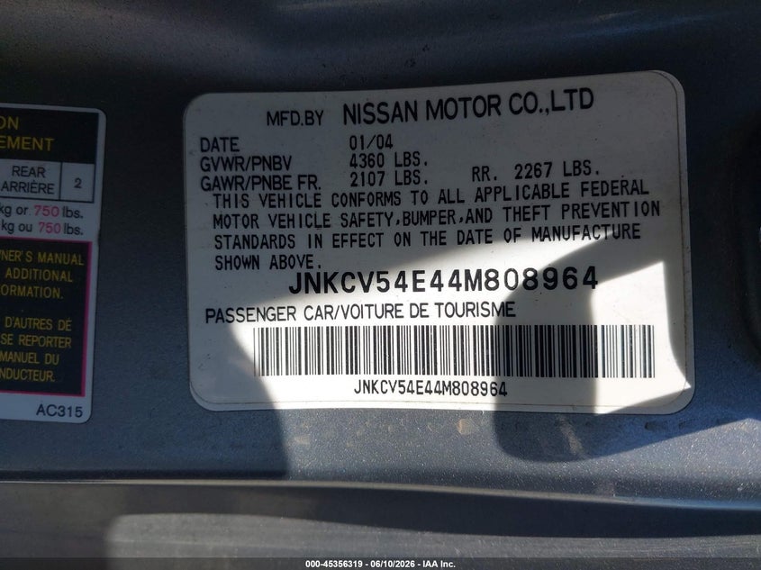 2004 Infiniti G VIN JNKCV54E44M808964 IAAI salvage auction — FRONT END, Salvage (California), sold $1,000 on 2026-07-22 (photo 9)