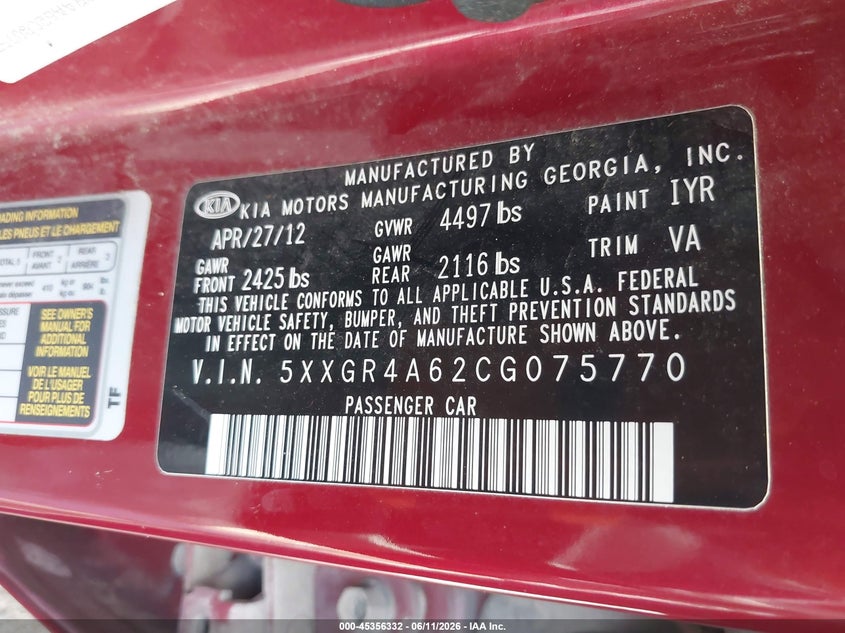 2012 Kia Optima VIN 5XXGR4A62CG075770 IAAI salvage auction — FRESH WATER, Salvage (Kansas), sold $625 on 2026-07-15 (photo 9)