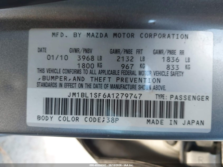 2010 Mazda 3 VIN JM1BL1SF6A1279747 IAAI salvage auction — NORMAL WEAR, App For Dup Clear (California), sold $325 on 2026-07-09 (photo 9)