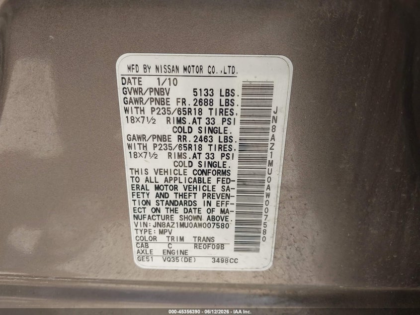 2010 Nissan Murano VIN JN8AZ1MU0AW007580 IAAI salvage auction — FRONT END, Original (Texas), sold $325 on 2026-07-15 (photo 9)