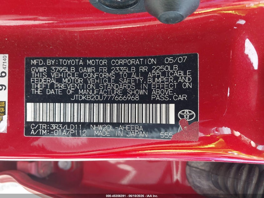 2007 Toyota Prius VIN JTDKB20U777666968 IAAI salvage auction — NORMAL WEAR, Clear (Washington), sold $675 on 2026-07-22 (photo 9)