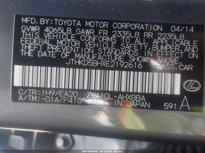 2014 Lexus Ct VIN JTHKD5BHXE2192616 IAAI salvage auction — REAR END, Salvage (California), sold $2,850 on 2026-07-06 (photo 9)