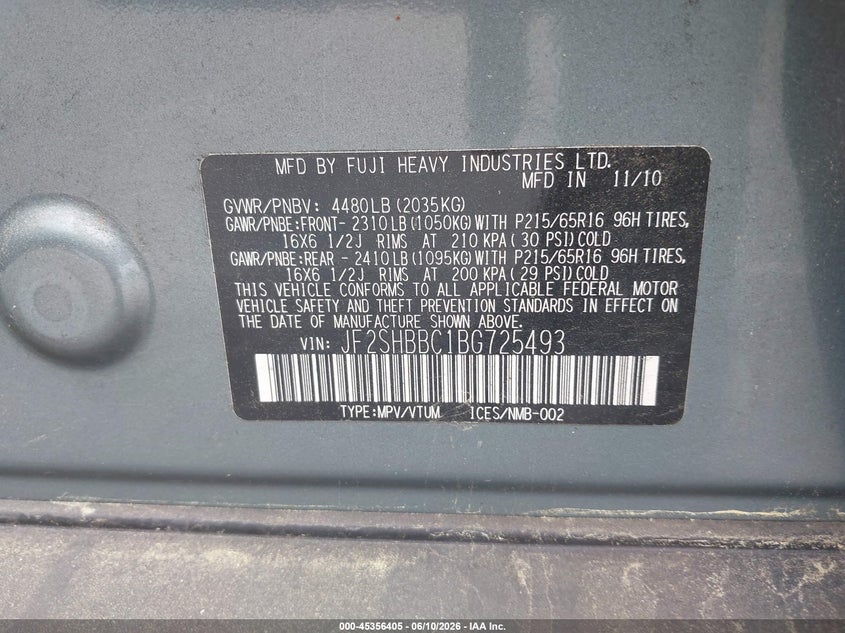 2011 Subaru Forester VIN JF2SHBBC1BG725493 IAAI salvage auction — NORMAL WEAR, Clear (North Carolina), sold $400 on 2026-07-08 (photo 9)