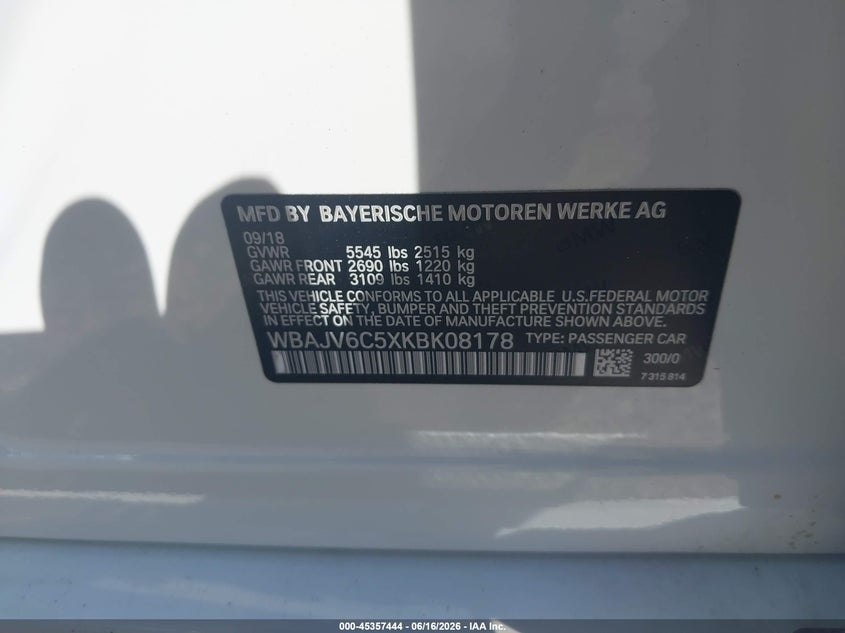 2019 BMW 6er VIN WBAJV6C5XKBK08178 IAAI salvage auction — FRONT END, Salvage (Ohio), sold $4,450 on 2026-07-17 (photo 9)