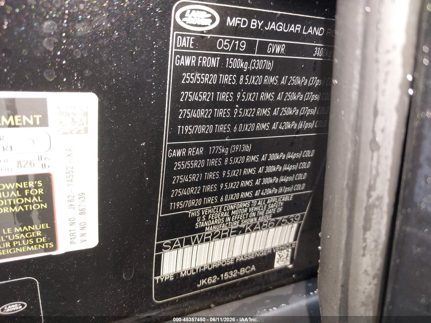 2019 Land rover Range rover sport VIN SALWR2RE7KA867539 IAAI salvage auction — SIDE, Salvage Title, sold $4,400 on 2026-07-30 (photo 9)