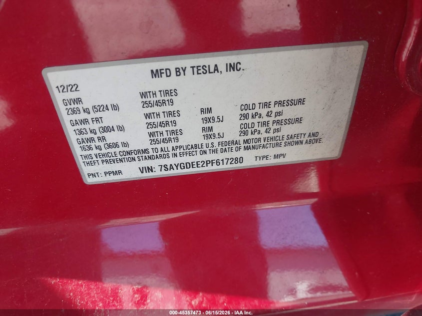 2023 Tesla Model y VIN 7SAYGDEE2PF617280 IAAI salvage auction — SIDE, Salvage (Virginia), sold $2,550 on 2026-07-24 (photo 9)