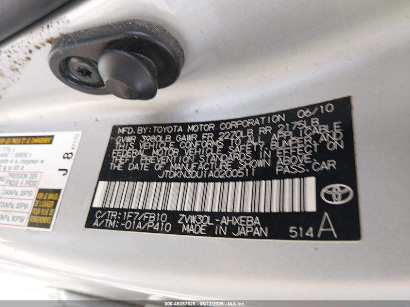 2010 Toyota Prius VIN JTDKN3DU1A0200511 IAAI salvage auction — FRONT END, Bill Of Sale (Indiana), sold $750 on 2026-07-15 (photo 9)