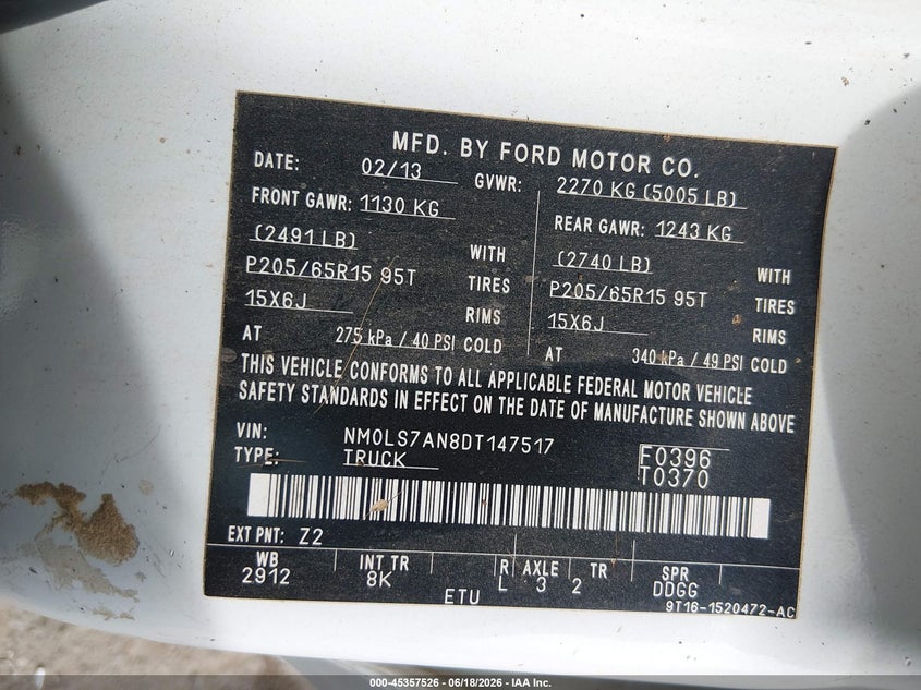 2013 Ford Transit VIN NM0LS7AN8DT147517 IAAI salvage auction — FRONT END, Clear (New Mexico), sold $2,650 on 2026-07-06 (photo 9)