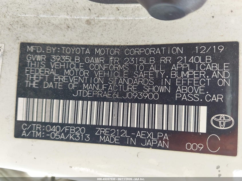 2020 Toyota Corolla VIN JTDEPRAE6LJ093900 IAAI salvage auction — FRONT END, Clear (California), sold $5,600 on 2026-07-28 (photo 9)