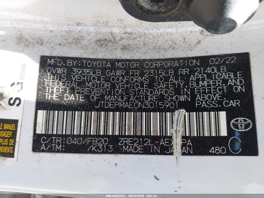 2022 Toyota Corolla VIN JTDEPMAE0N3015901 IAAI salvage auction — LEFT FRONT, Clear (California), sold $125 on 2026-07-13 (photo 9)