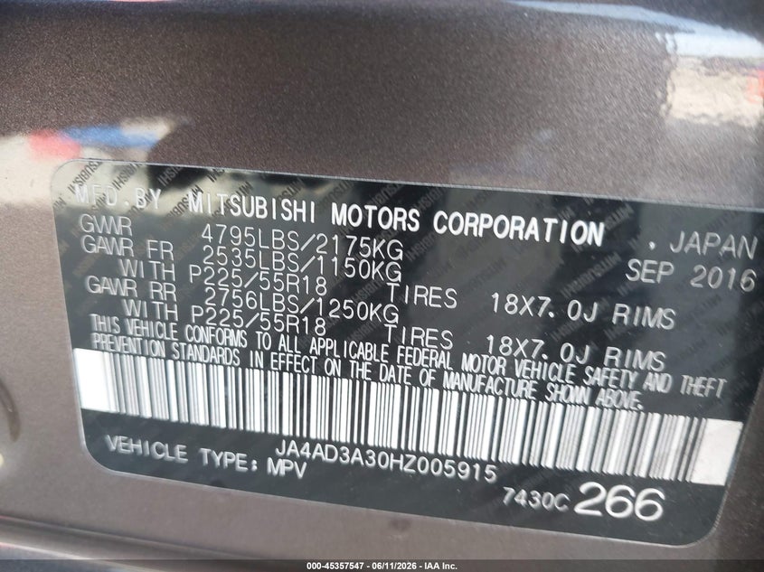 2017 Mitsubishi Outlander VIN JA4AD3A30HZ005915 IAAI salvage auction — RIGHT FRONT, Salvage Title, sold $50 on 2026-07-21 (photo 9)