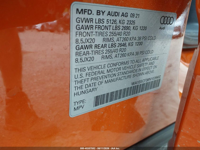 2022 Audi Q3 VIN WA1EECF38N1026402 IAAI salvage auction — UNDERCARRIAGE, Salvage (Ohio), sold $10,000 on 2026-07-27 (photo 9)