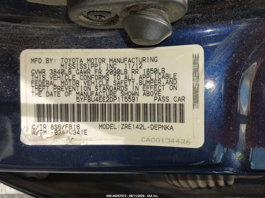2013 Toyota Corolla VIN 5YFBU4EE2DP115591 IAAI salvage auction — FRONT END, Salvage (Tennessee), sold $1,200 on 2026-07-16 (photo 9)