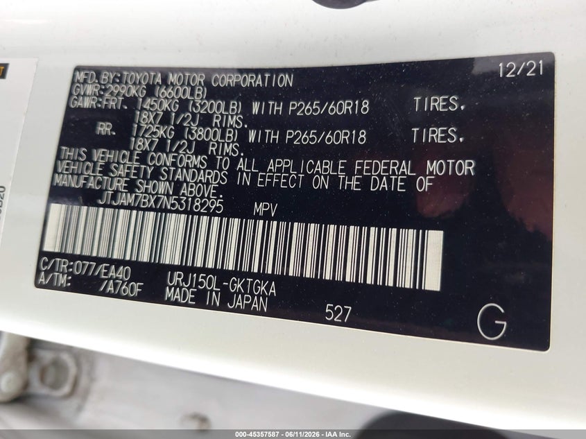 2022 Lexus GX 460 VIN JTJAM7BX7N5318295 IAAI salvage auction — Side, Clear (Oklahoma), sold $25,500 on 2026-09-24 (photo 9)