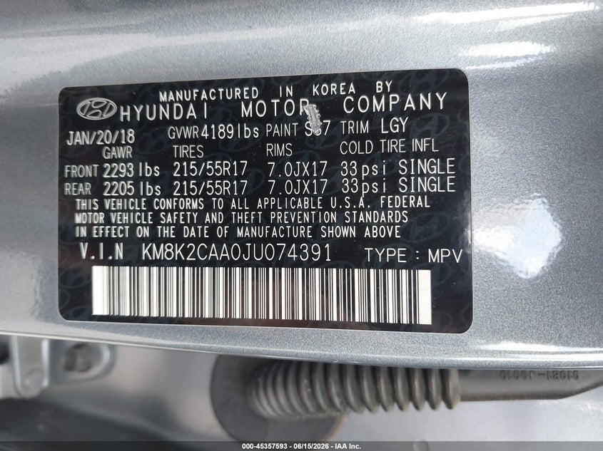 2018 Hyundai Kona VIN KM8K2CAA0JU074391 IAAI salvage auction — REAR END, Salvage - Greater Than 75% (Maryland), sold $2,650 on 2026-07-21 (photo 9)