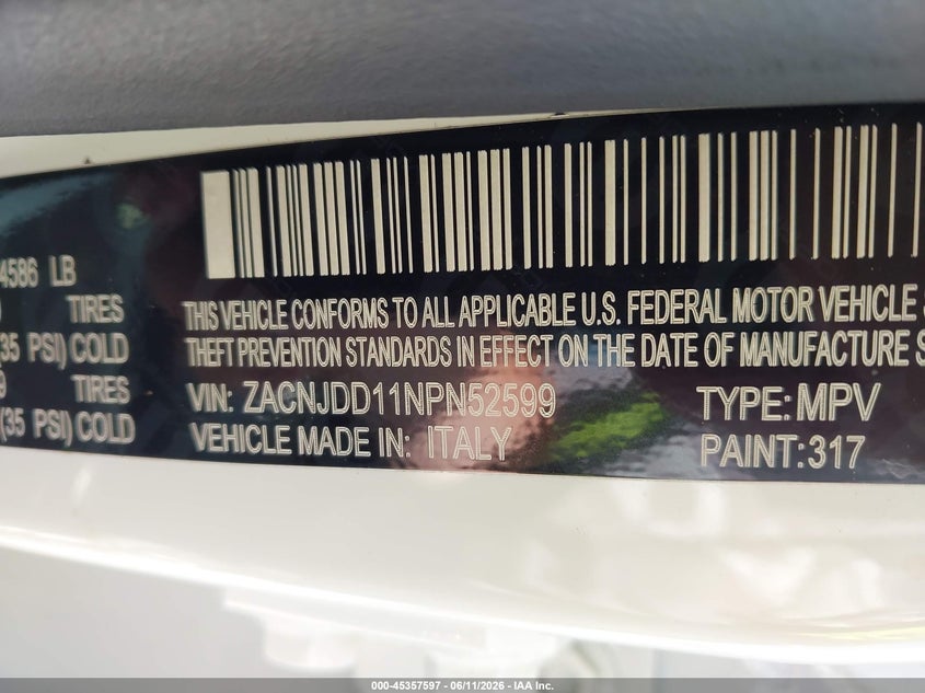 2022 Jeep Renegade VIN ZACNJDD11NPN52599 IAAI salvage auction — FRONT END, Salvage (Illinois), sold $3,700 on 2026-07-22 (photo 9)
