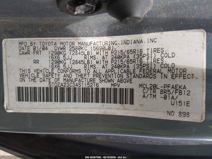 2004 Toyota Sienna VIN 5TDZA23C34S115216 IAAI salvage auction — NORMAL WEAR, Clear (New Jersey), sold $950 on 2026-07-09 (photo 9)