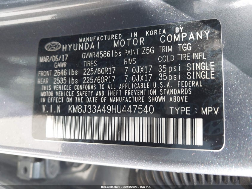 2017 Hyundai Tucson VIN KM8J33A49HU447540 IAAI salvage auction — FRONT END, Rebuildable (Florida), sold $3,350 on 2026-07-13 (photo 9)