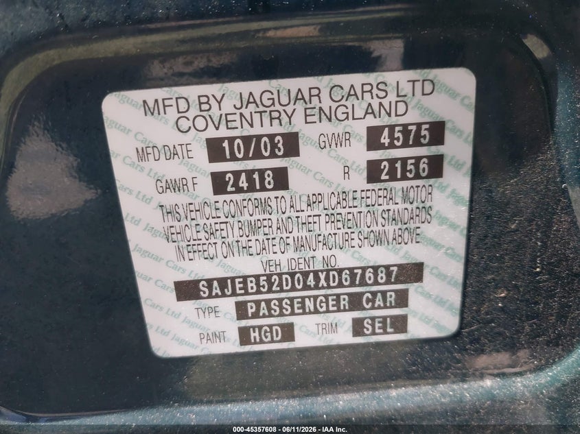 2004 Jaguar X type VIN SAJEB52D04XD67687 IAAI salvage auction — NORMAL WEAR, Clear (Florida), sold $425 on 2026-07-09 (photo 9)