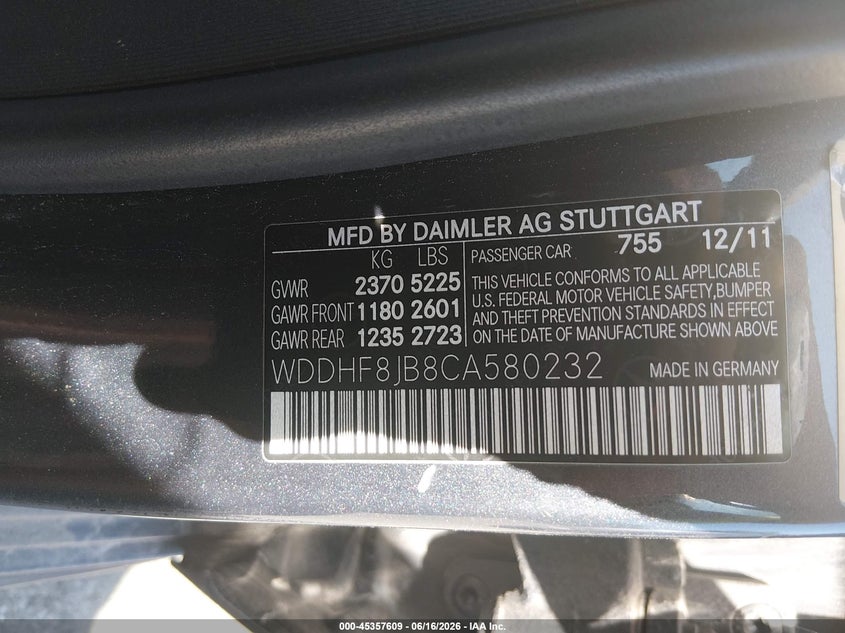 2012 Mercedes-benz E-klasse VIN WDDHF8JB8CA580232 IAAI salvage auction — FRONT & REAR, Salvage Title, sold $325 on 2026-07-23 (photo 9)
