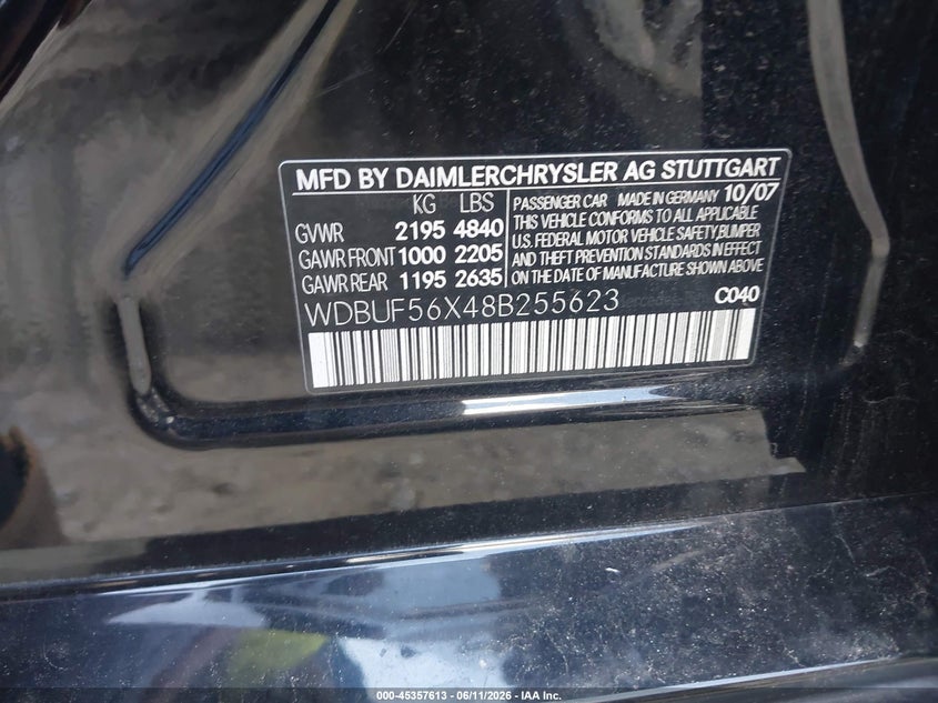2008 Mercedes-benz E-class VIN WDBUF56X48B255623 IAAI salvage auction — RIGHT SIDE, Salvage (Georgia), sold $1,000 on 2026-07-14 (photo 9)