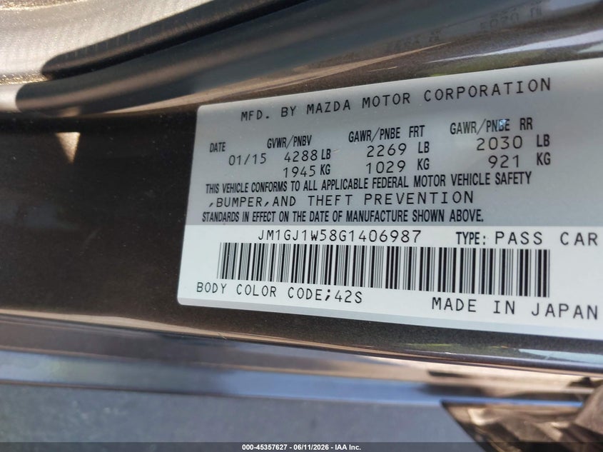 2016 Mazda 6 VIN JM1GJ1W58G1406987 IAAI salvage auction — FRONT END, Salvage (North Carolina), sold $650 on 2026-07-15 (photo 9)