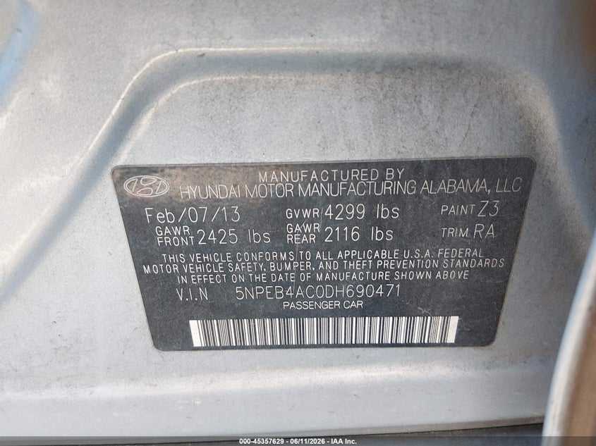 2013 Hyundai Sonata VIN 5NPEB4AC0DH690471 IAAI salvage auction — RIGHT FRONT, Salvage (Georgia), sold $450 on 2026-08-01 (photo 9)