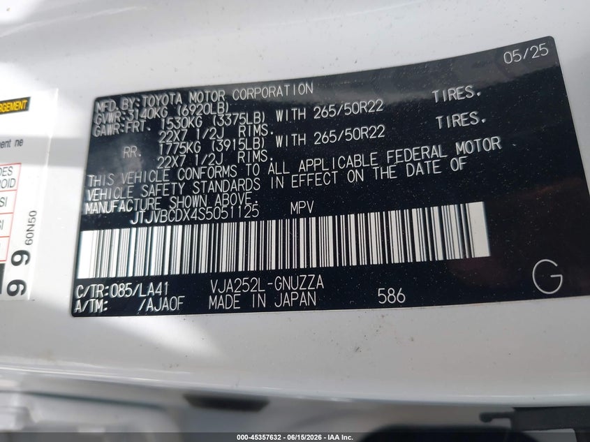 2025 Lexus Gx VIN JTJVBCDX4S5051125 IAAI salvage auction — FRONT END, Salvage Title, sold $45,550 on 2026-08-05 (photo 9)