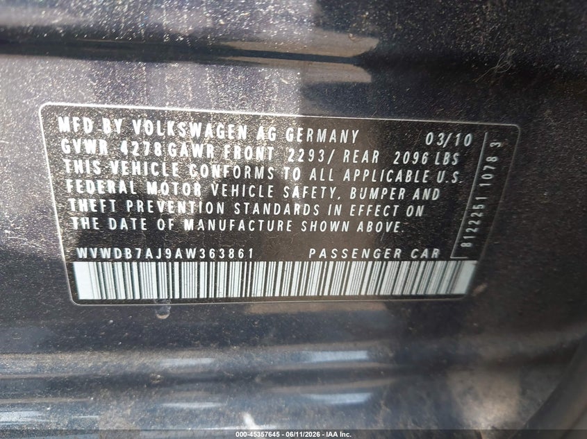 2010 Volkswagen Golf VIN WVWDB7AJ9AW363861 IAAI salvage auction — NORMAL WEAR, Clear (New York), sold $425 on 2026-07-14 (photo 9)