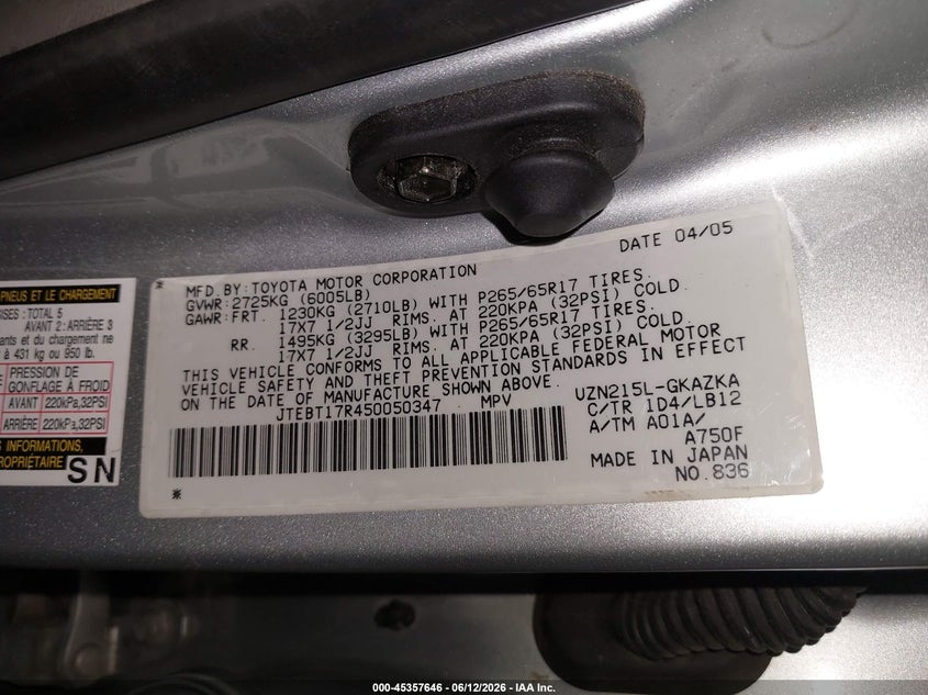2005 Toyota 4runner VIN JTEBT17R450050347 IAAI salvage auction — FRONT END, Salvage (Pennsylvania), sold $675 on 2026-07-23 (photo 9)
