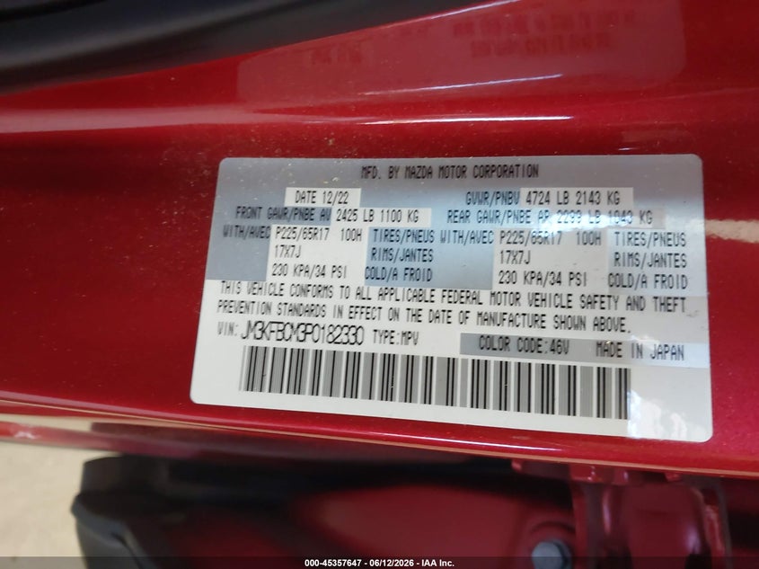 2023 Mazda Cx-5 VIN JM3KFBCM3P0182330 IAAI salvage auction — REAR END, Salvage (North Carolina), sold $8,850 on 2026-07-16 (photo 9)