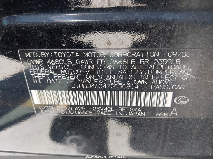 2007 Lexus ES VIN JTHBJ46G472050804 IAAI salvage auction — NORMAL WEAR, Salvage Title - Dealer (California), sold $1,200 on 2026-07-13 (photo 9)
