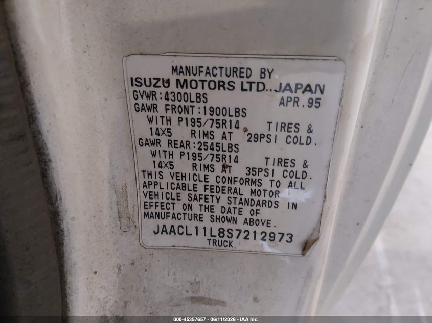 1995 Isuzu Conventional VIN JAACL11L8S7212973 IAAI salvage auction — FRONT END, Clear (Tennessee), sold $400 on 2026-07-29 (photo 9)