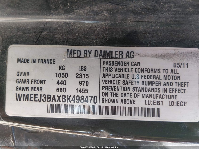 2011 Smart Fortwo VIN WMEEJ3BAXBK498470 IAAI salvage auction — UNKNOWN, Clear (Kansas), sold $375 on 2026-07-10 (photo 9)