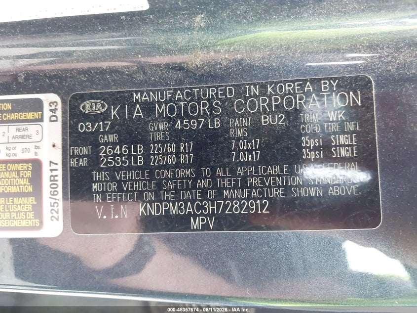 2017 Kia Sportage VIN KNDPM3AC3H7282912 IAAI salvage auction — FRONT END, Wait Title, sold $1,950 on 2026-08-01 (photo 9)