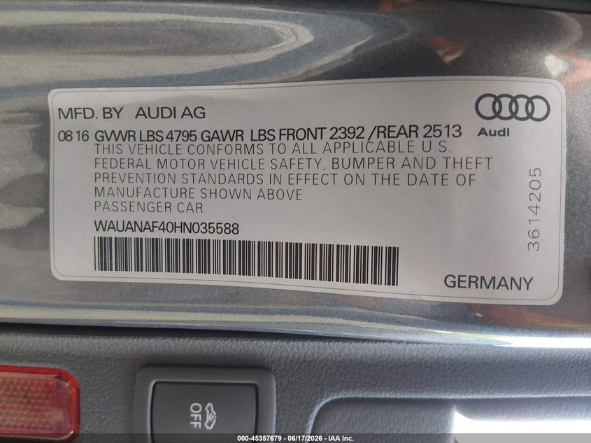 2017 Audi A4 VIN WAUANAF40HN035588 IAAI salvage auction — FRONT END, Salvage (Vermont), sold $1,100 on 2026-07-30 (photo 9)
