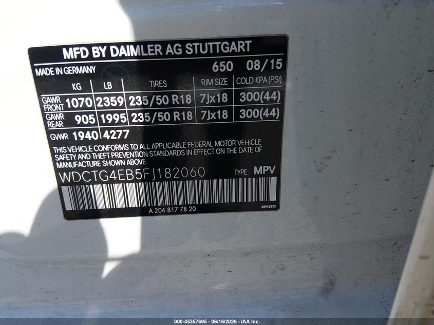 2015 Mercedes-benz Gla-klasse VIN WDCTG4EB5FJ182060 IAAI salvage auction — LEFT SIDE, Clear (Tennessee), sold $3,900 on 2026-07-28 (photo 9)