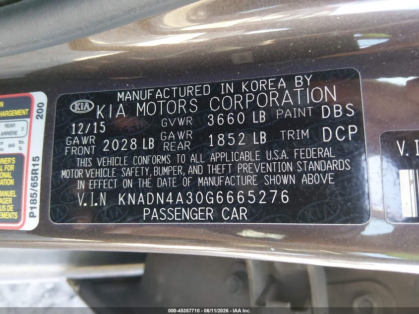 2016 Kia Rio VIN KNADN4A30G6665276 IAAI salvage auction — REAR END, Salvage (Georgia), sold $800 on 2026-07-17 (photo 9)