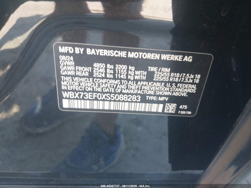 2025 BMW X1 VIN WBX73EF0XS5088283 IAAI salvage auction — REAR END, Salvage (Georgia), sold $13,300 on 2026-08-18 (photo 9)