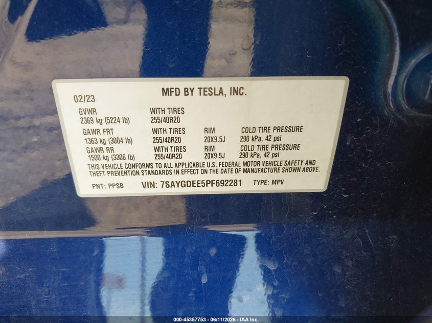 2023 Tesla Model y VIN 7SAYGDEE5PF692281 IAAI salvage auction — FRONT END, Mv-907A (New York), sold $9,250 on 2026-07-30 (photo 9)