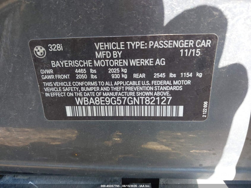 2016 BMW 3er VIN WBA8E9G57GNT82127 IAAI salvage auction — LEFT SIDE, Salvage (Ohio), sold $1,775 on 2026-07-15 (photo 9)