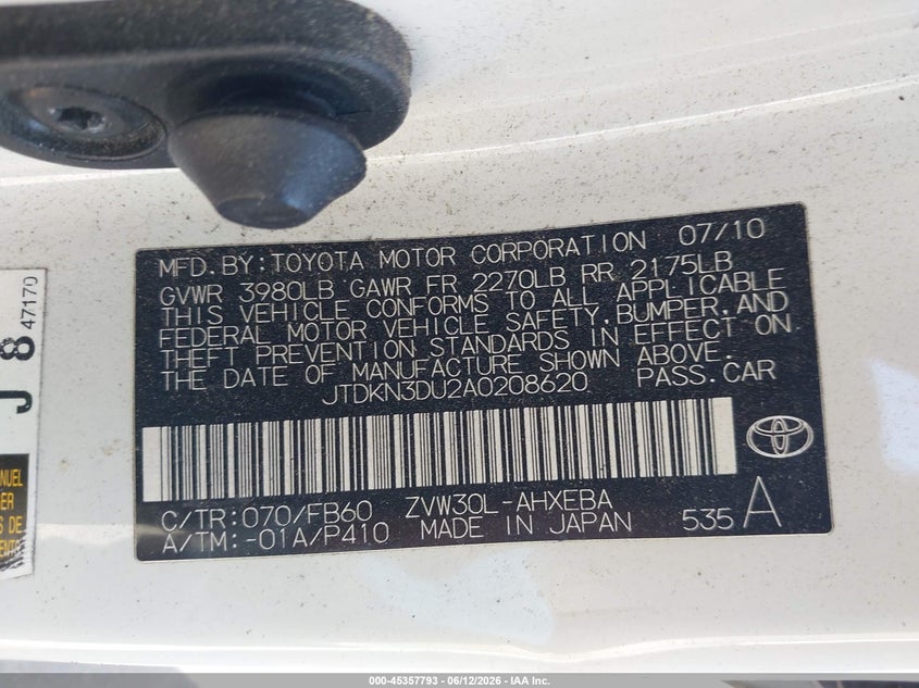 2010 Toyota Prius VIN JTDKN3DU2A0208620 IAAI salvage auction — LEFT & RIGHT, Salvage (North Carolina), sold $900 on 2026-07-08 (photo 9)