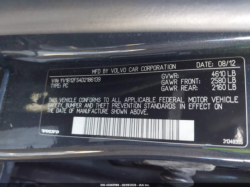 2013 Volvo S60 VIN YV1612FS4D2186139 IAAI salvage auction — LEFT FRONT, Salvage (Florida), sold $300 on 2026-07-27 (photo 9)