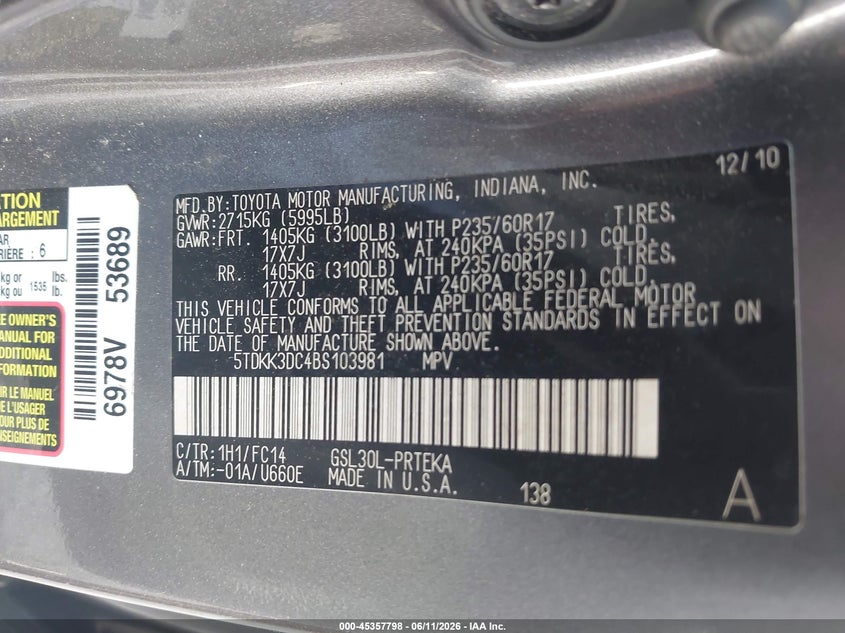 2011 Toyota Sienna VIN 5TDKK3DC4BS103981 IAAI salvage auction — FRONT END, Salvage (Georgia), sold $775 on 2026-07-28 (photo 9)