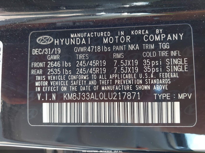 2020 Hyundai Tucson VIN KM8J33AL0LU217871 IAAI salvage auction — RIGHT SIDE, Salvage (Tennessee), sold $2,900 on 2026-07-30 (photo 9)