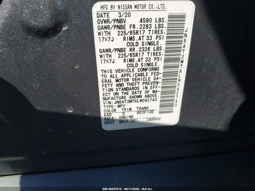 2020 Nissan Rogue VIN JN8AT2MTXLW042743 IAAI salvage auction — LEFT FRONT, Salvage (South Carolina), sold $2,000 on 2026-07-21 (photo 9)