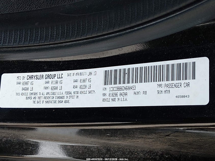 2013 Chrysler 200 VIN 1C3CCBBB6DN600453 IAAI salvage auction — FRONT END, Salvage Title, sold $300 on 2026-09-02 (photo 9)