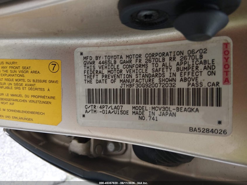 2002 Lexus Es 300 VIN JTHBF30G920072032 IAAI salvage auction — UNKNOWN, Clear (Missouri), sold $1,200 on 2026-07-09 (photo 9)