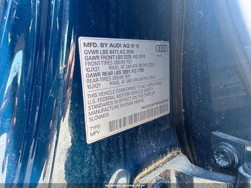 2019 Audi Q8 VIN WA1CVAF19KD008785 IAAI salvage auction — UNKNOWN, Clear (Georgia), sold $10,000 on 2026-07-19 (photo 9)